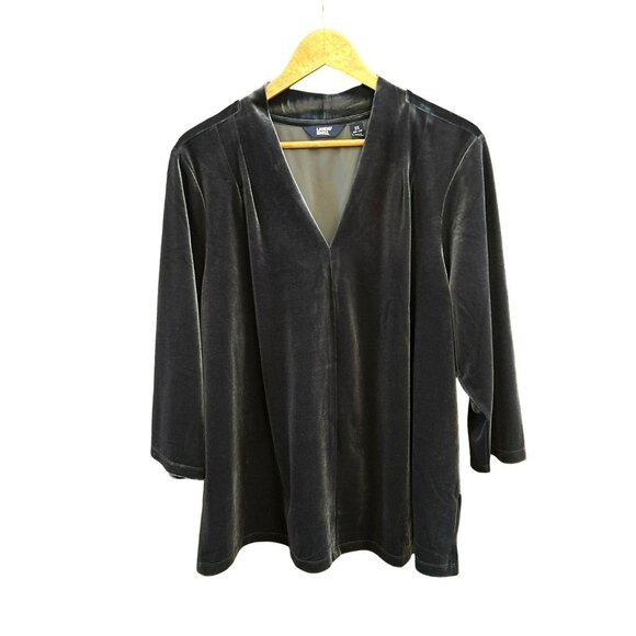 Lands End Gray Black Velvet V Neck Pull Over Blouse Comfortable Relaxed 2X - Picture 1 of 7